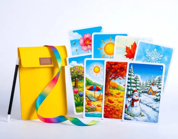 4Seasons Miracle magic trick set featuring 12 seasonal parlor-size cards, rainbow silk ribbon, and the jumping wand.