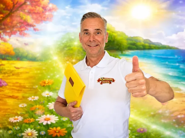 Creator of 4Seasons Miracle giving a thumbs up on a colorful, sunny beach and autumn background.