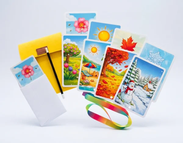 4Seasons Miracle Pro Edition magic trick set including 12 seasonal cards, rainbow ribbon, jumping wand, and the special prediction envelope.