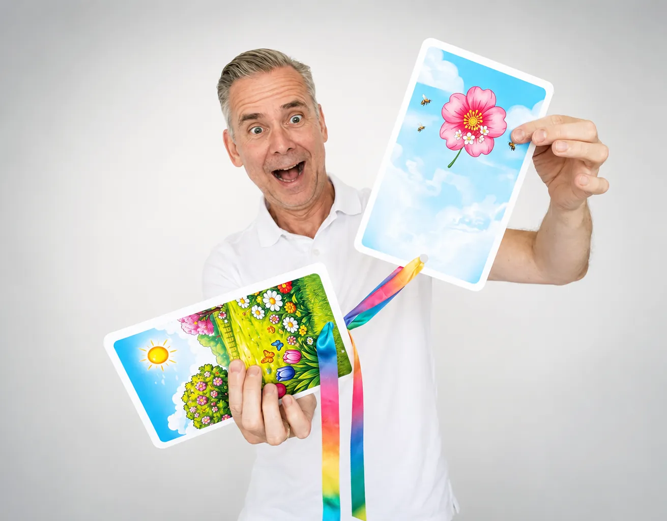 Magician performing the 4Seasons Miracle magic trick with colorful seasonal cards and ribbon